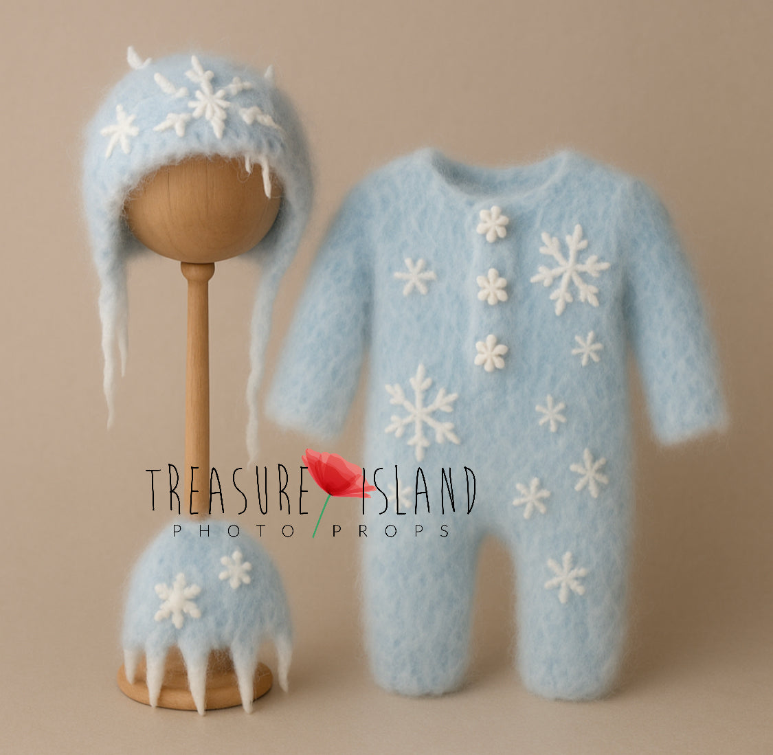 Ice Land knitted romper and bonnet with hand-felted snowflakes and icicle details for newborn and sitter photography