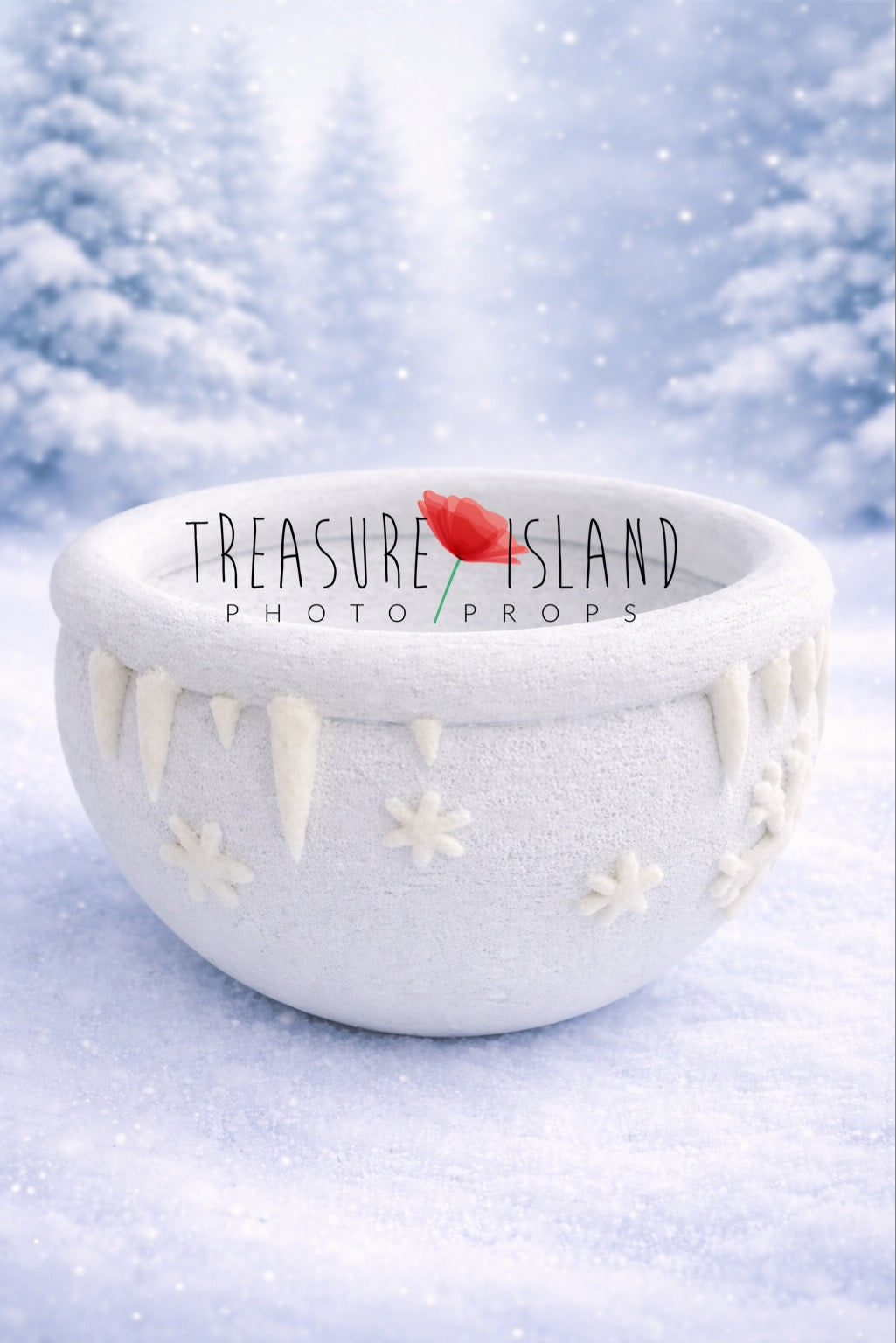 White Ice Land styrofoam photography bowl decorated with handmade felt icicles and snowflakes
