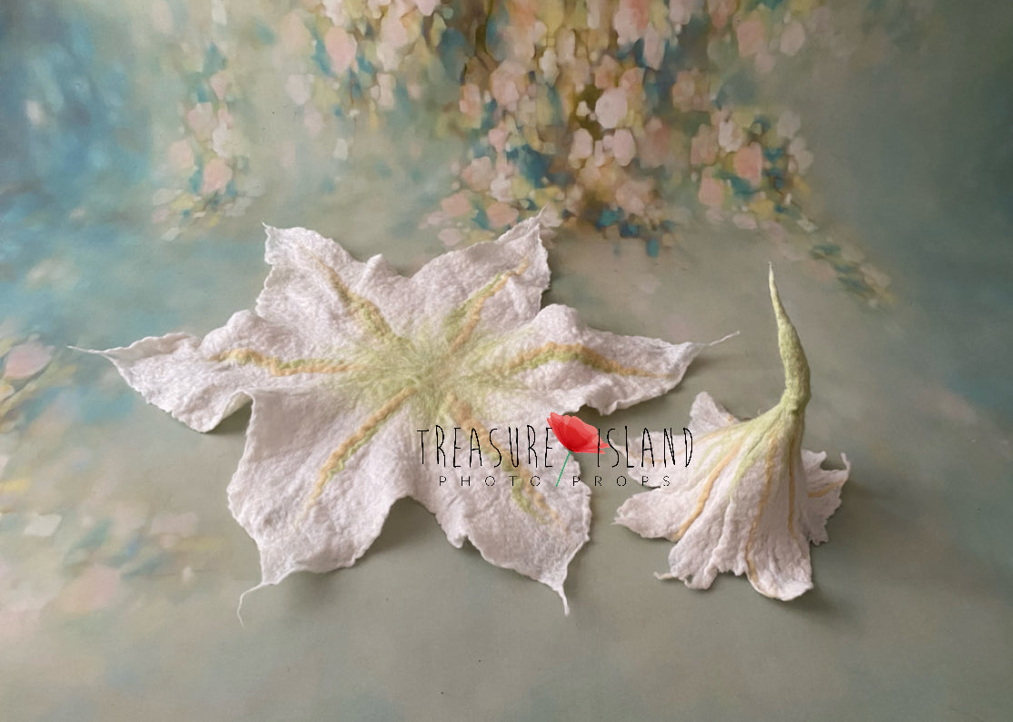 Hand-felted ivory lily bonnet with large sculptural leaf blanket and botanical vein details
