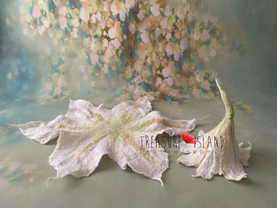 Ivory hand-felted lily flower bonnet and leaf blanket set for newborn and sitter photography