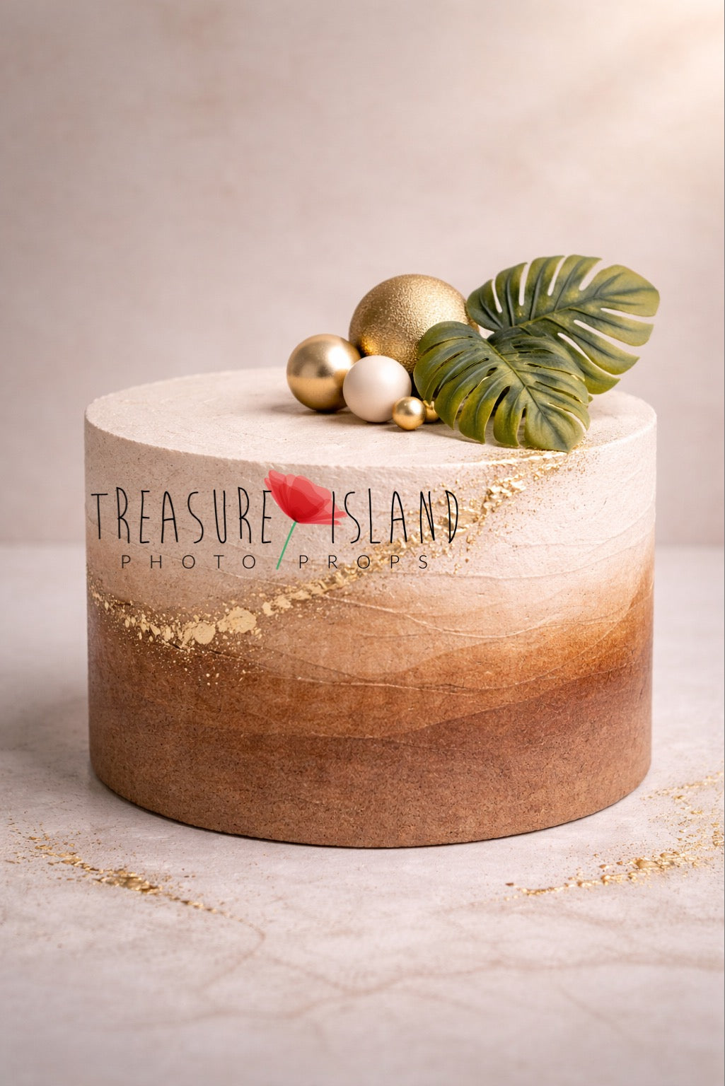 Jungle Harmony structural Safari cake smash prop with tropical leaves, gold accents and earthy tones