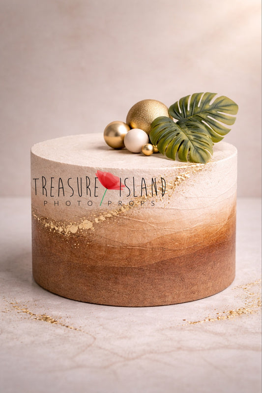 Jungle Harmony structural Safari cake smash prop with tropical leaves, gold accents and earthy tones