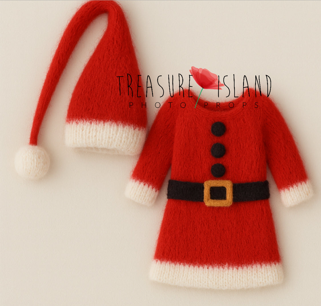 Handmade knitted Santa Girl set with red Christmas dress and long pompom bonnet for newborn photography