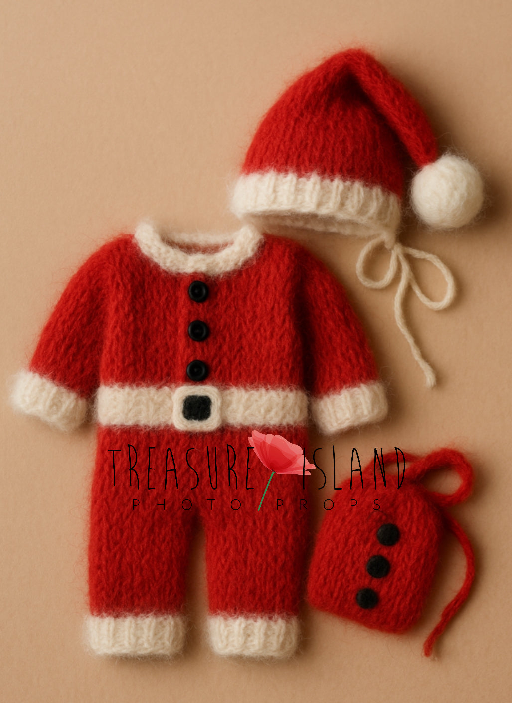 Handmade knitted Santa outfit with red romper, long Christmas hat and mini backpack for newborn photography