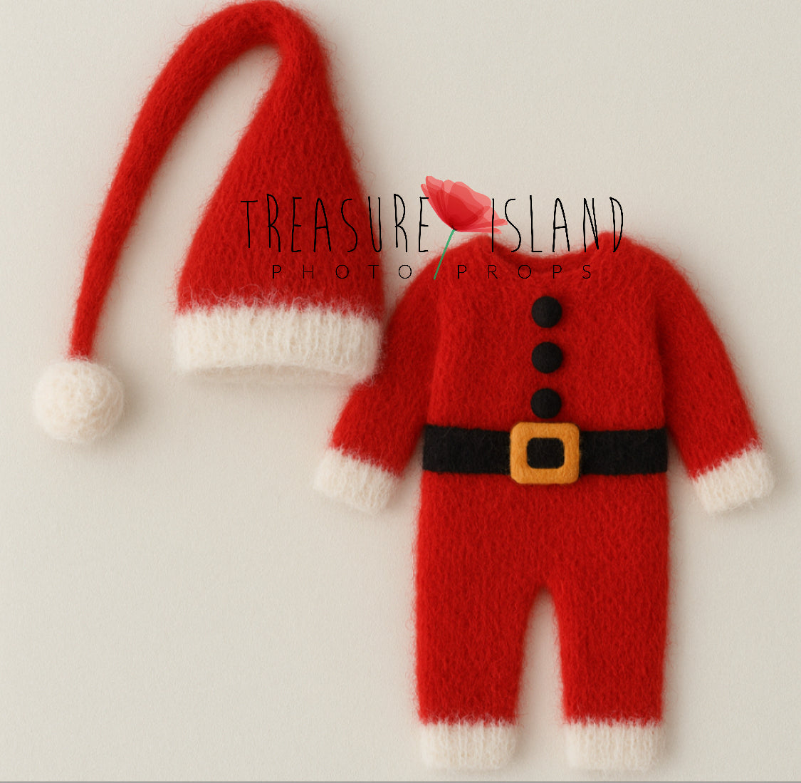 Handmade red knitted Santa romper with long pompom hat for newborn Christmas photography