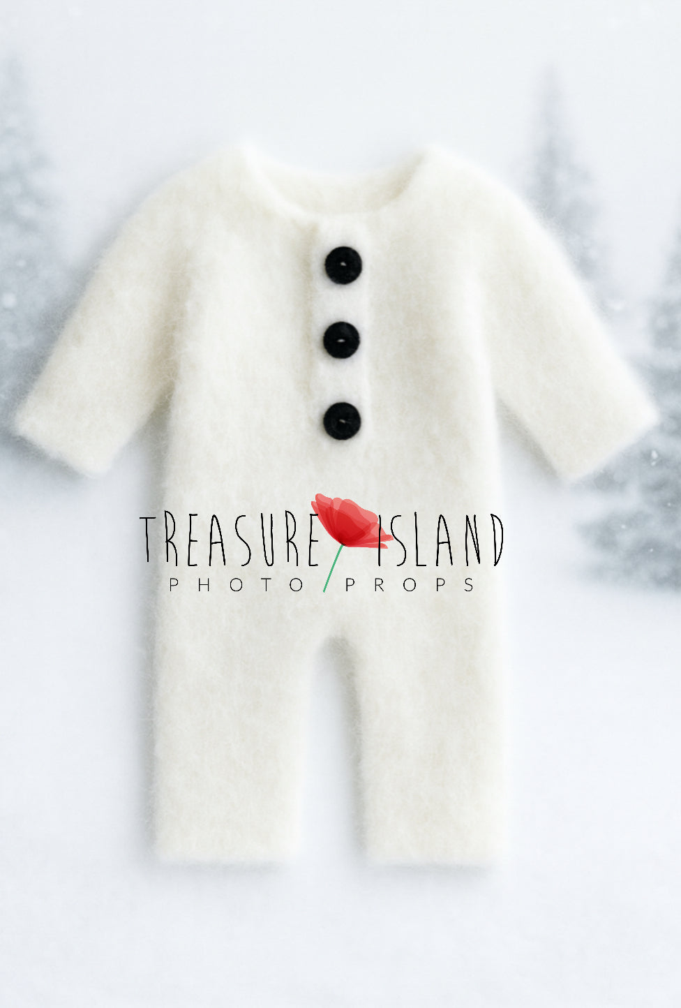 White hand-knitted Snowman romper with three black felted buttons for newborn and sitter winter photography