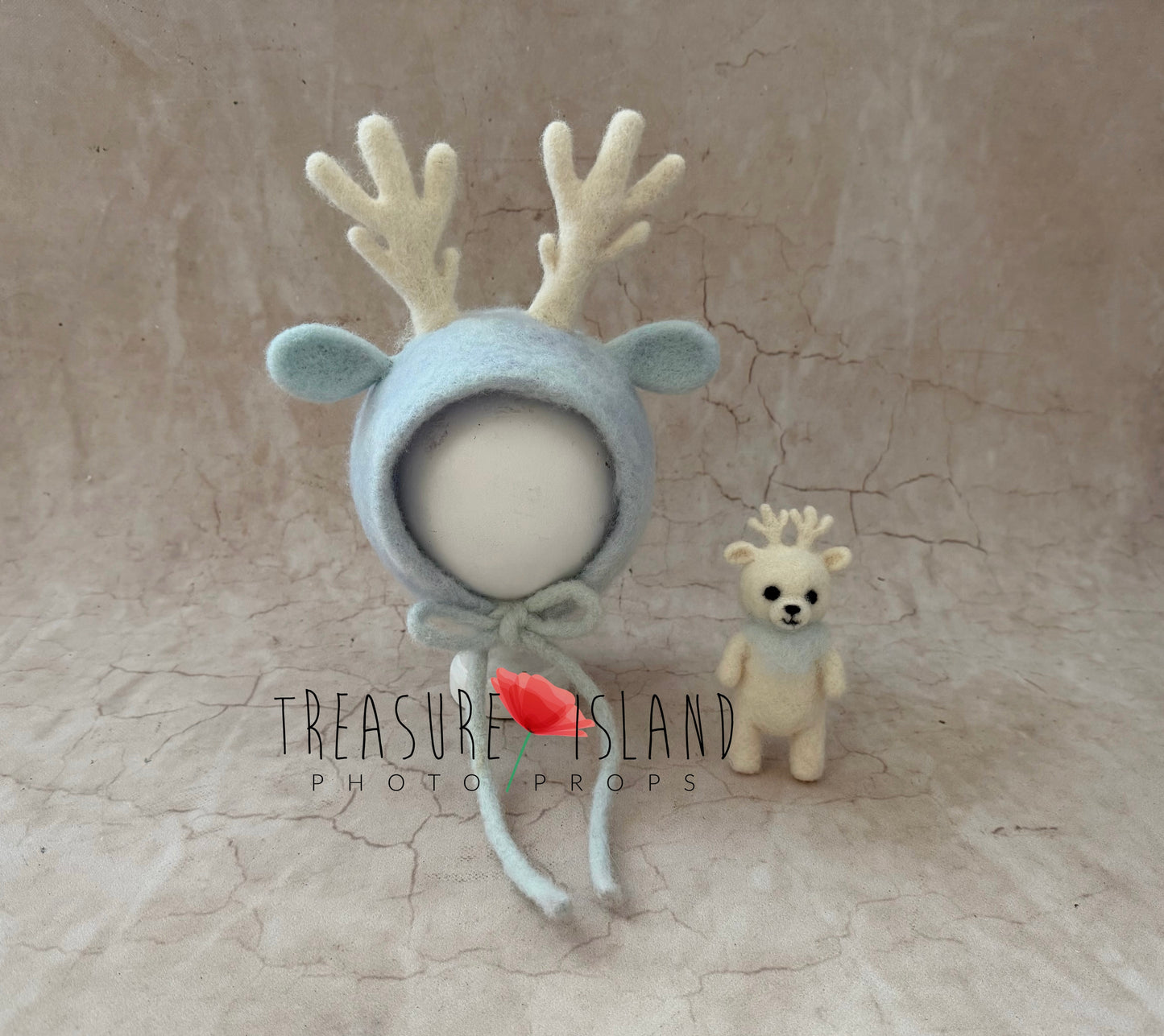 Kori no Yume hand-felted reindeer bonnet and matching reindeer toy from the ICE LAND Collection