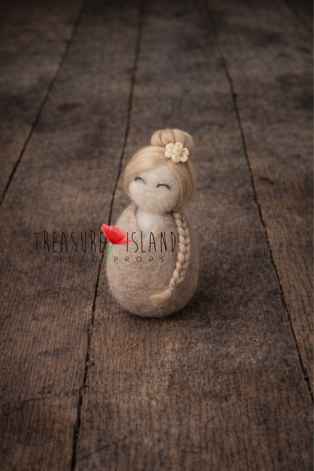 Lena natural beige hand-felted mini doll with blonde braided hair for newborn photography