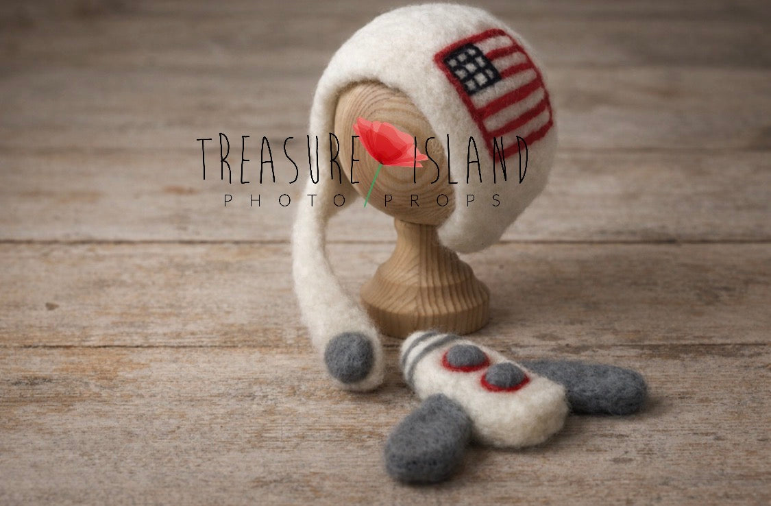 Hand-felted newborn aviator bonnet and miniature airplane photography props