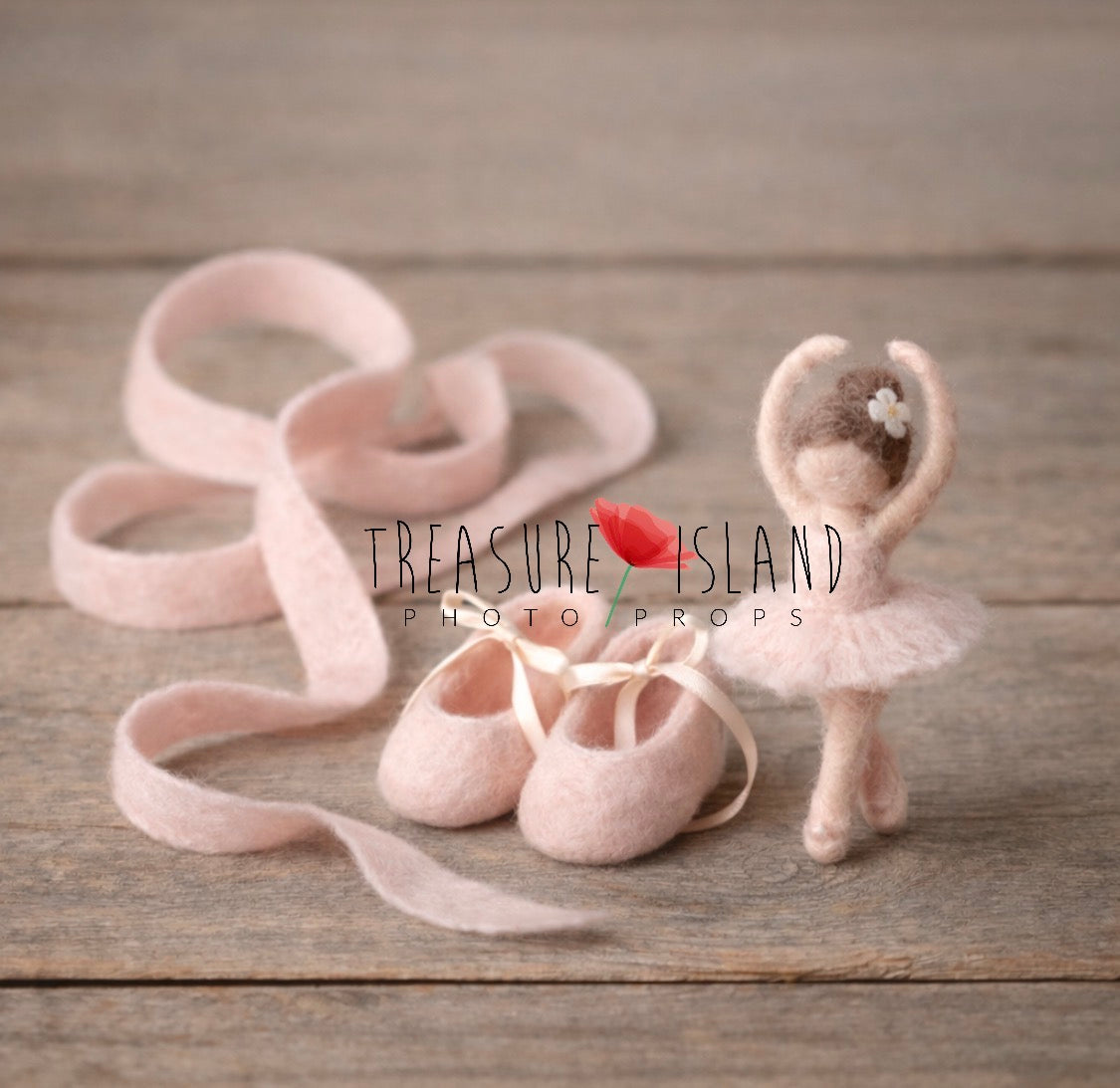 Handmade felt Little Ballerina newborn photography prop set with pink ballet shoes, ribbon sash and miniature ballerina doll