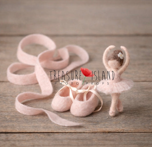 Handmade felt Little Ballerina newborn photography prop set with pink ballet shoes, ribbon sash and miniature ballerina doll