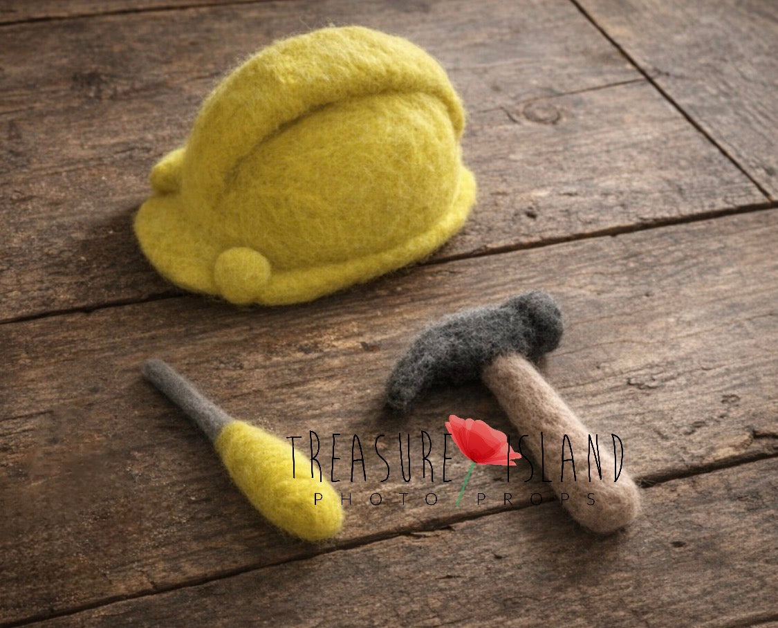 Hand-felted newborn builder photography props with yellow construction helmet, mini hammer and screwdriver