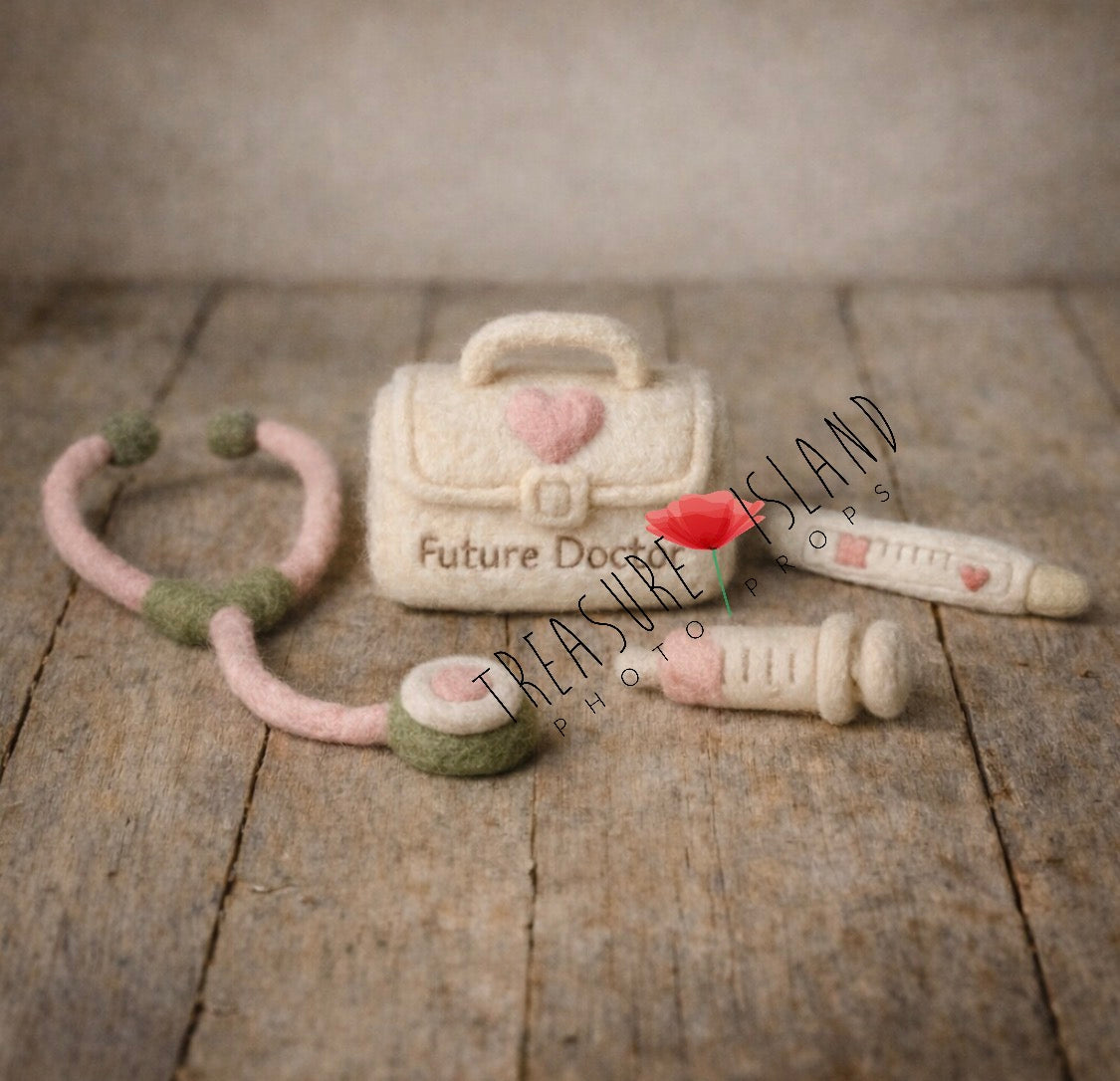 Handmade felt Little Doctor newborn photography prop set with medical bag, stethoscope, syringe and thermometer in cream, olive and pastel pink