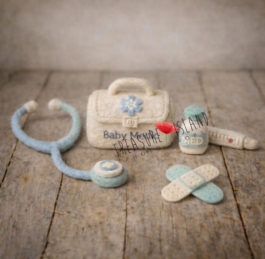 Handmade felt Little Doctor Sweet Care newborn photography props in cream, blue and mint with medical bag, stethoscope, medicine bottle, thermometer and plasters