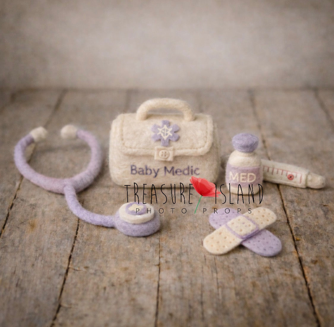 Cream and lilac handmade felt doctor set for newborn photography with stethoscope, medical bag, medicine bottle, thermometer and plasters