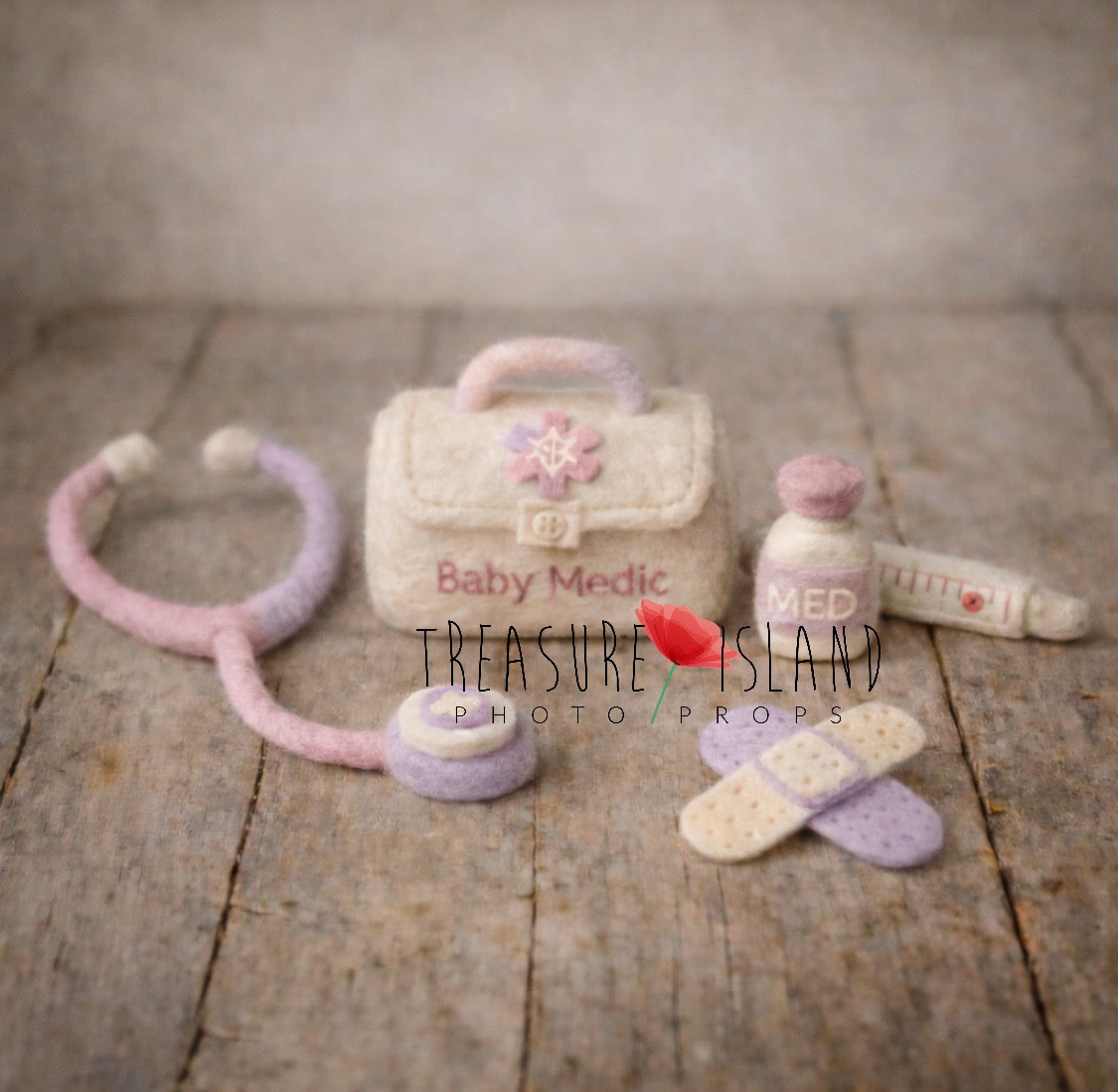 Handmade felt Little Doctor Sweet Care newborn photography props in cream, lilac and pink with medical bag, stethoscope, medicine bottle, thermometer and plasters