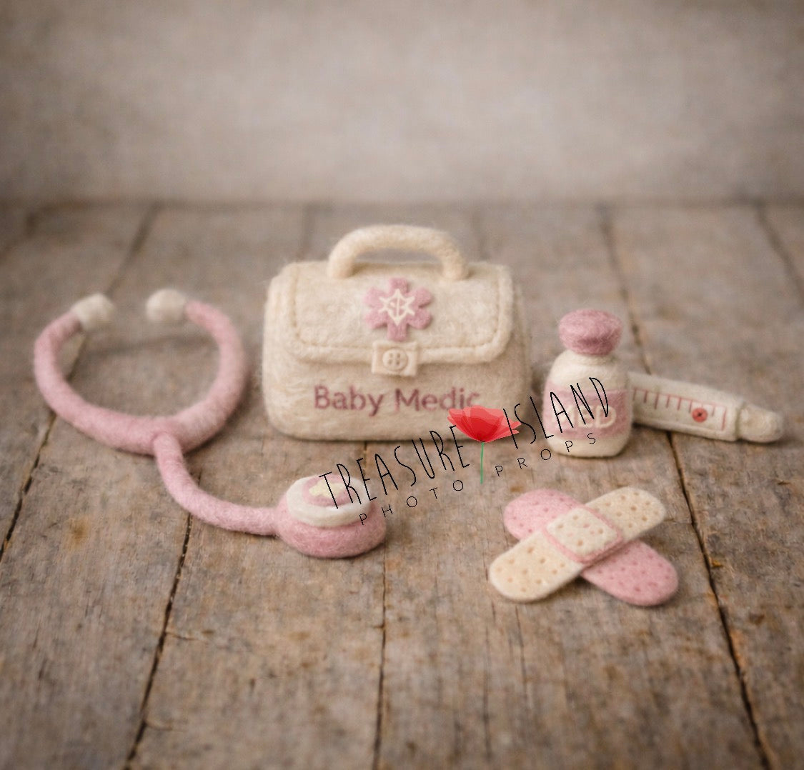 Cream and pastel pink Little Doctor newborn photography prop set with hand-felted medical accessories