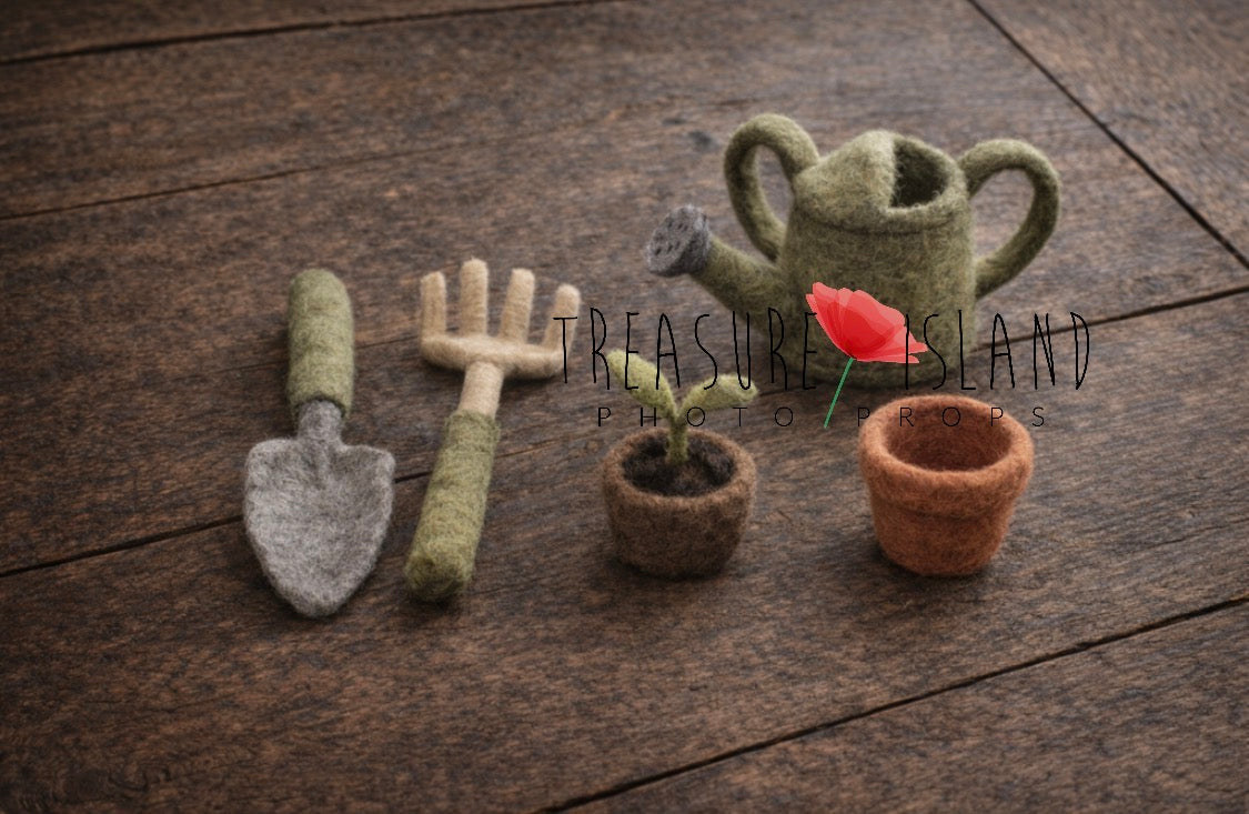 Hand-felted Little Gardener newborn photography props with watering can, rake, spade and flower pots