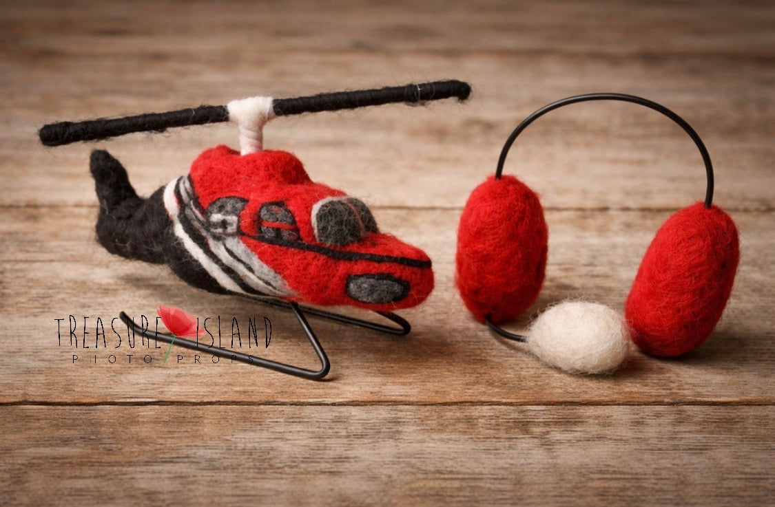 Hand-felted rescue helicopter and pilot headphones for newborn photography