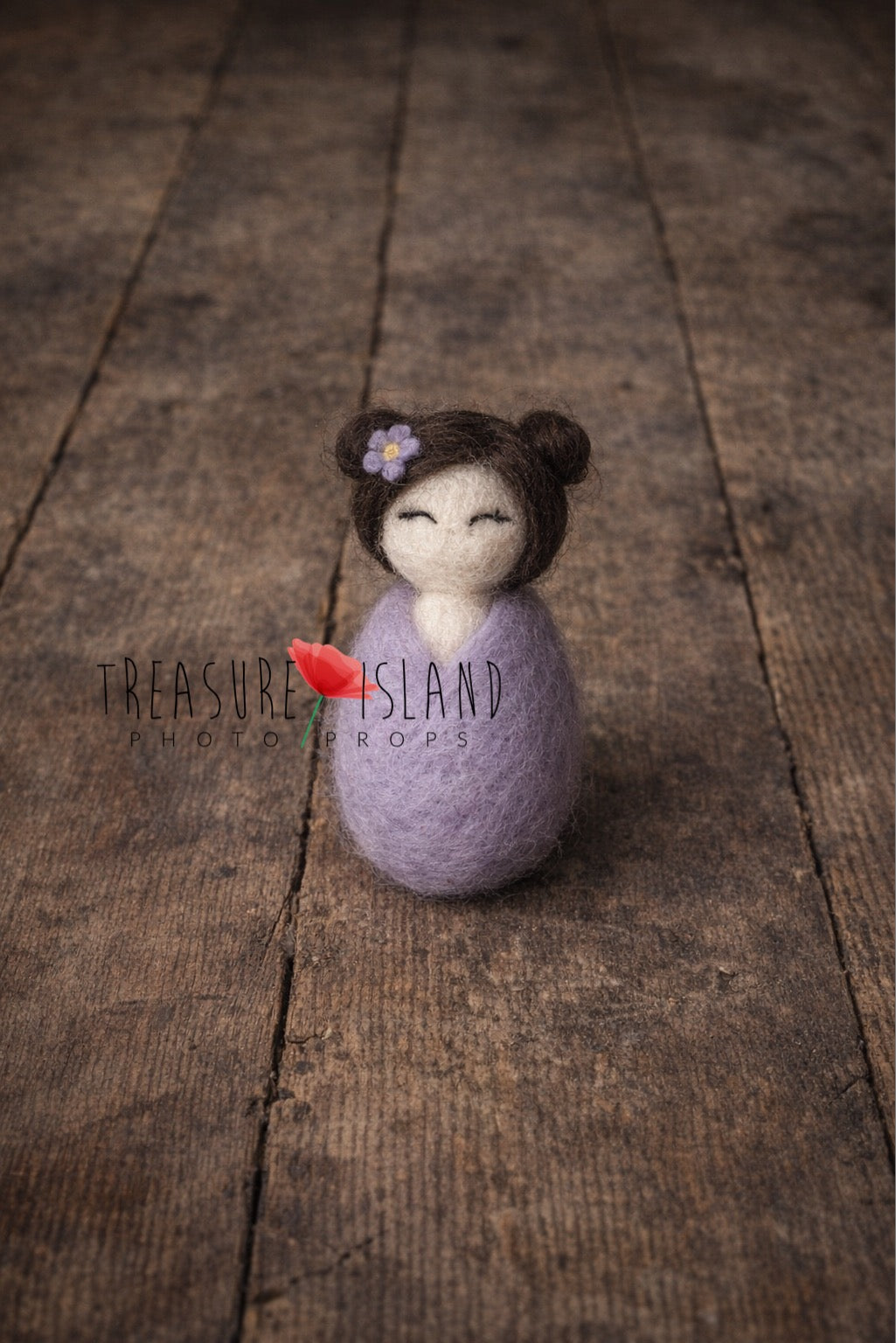 Luna lilac hand-felted mini doll with double bun hairstyle for newborn photography