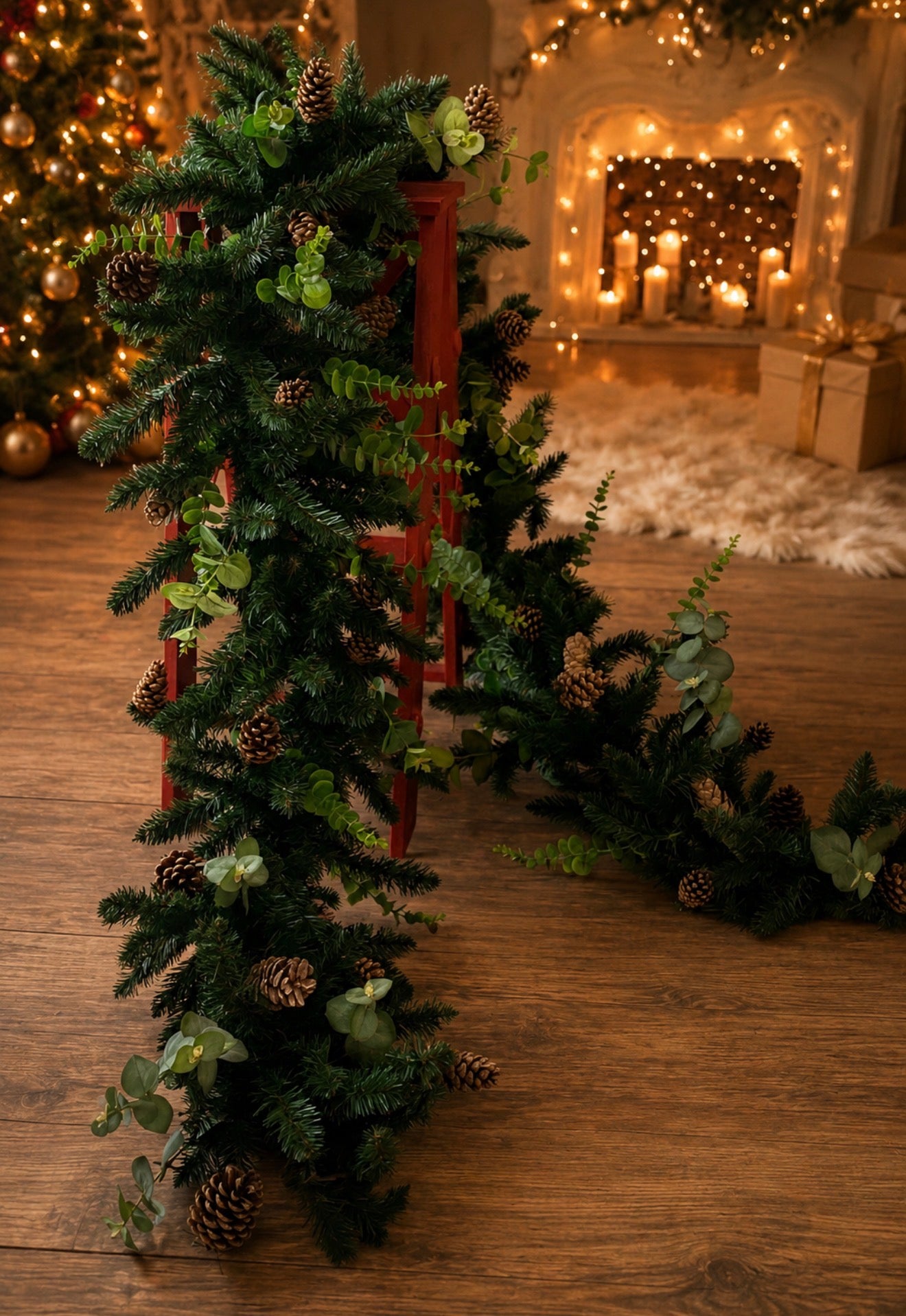 Luxury Christmas pine garland with eucalyptus and pinecones for holiday photography setups