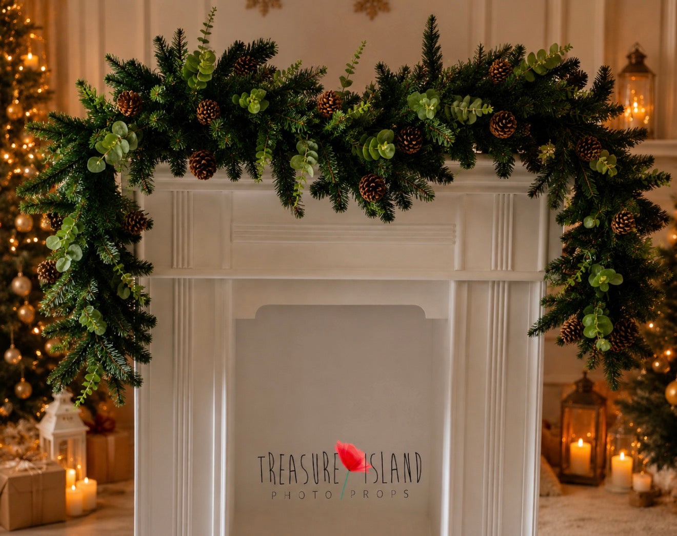 Luxury evergreen Christmas garland with eucalyptus and pinecones styled on a fireplace for holiday photography