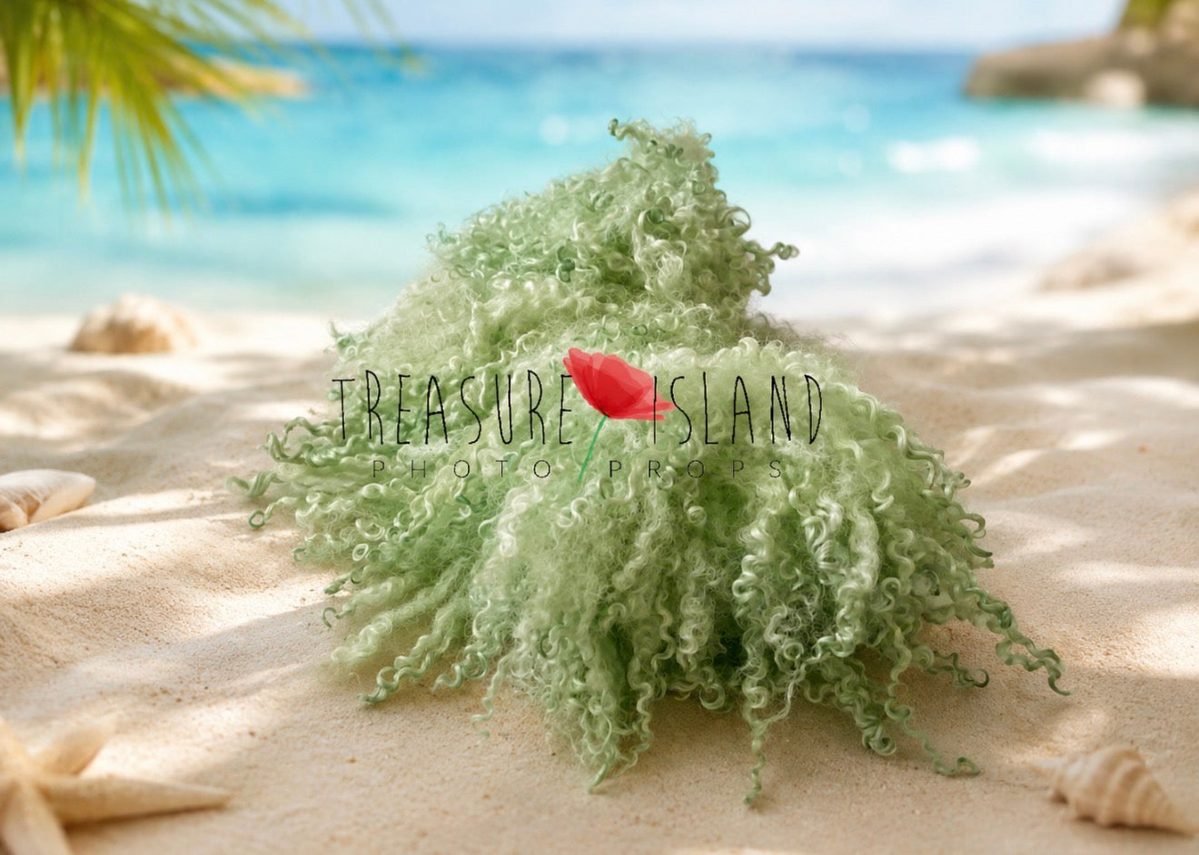 Matcha green curly wool blanket for newborn photography, handmade photography prop by Treasure Island Photo Props