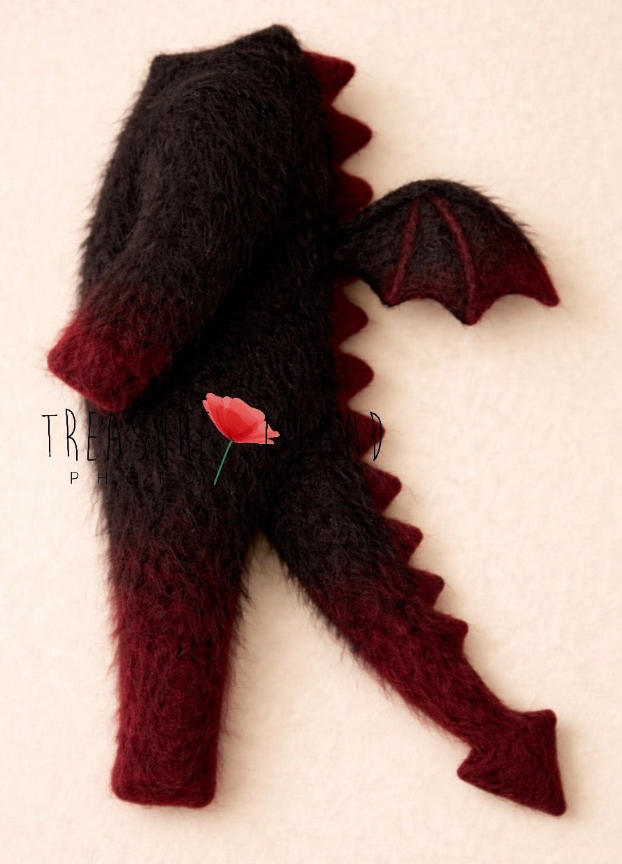 Midnight black hand-knitted Dragon Romper with burgundy wings and tail for newborn and sitter photography