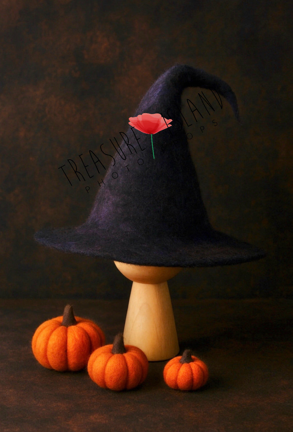 Midnight hand-felted witch hat with orange felted pumpkins for Halloween newborn and sitter photography