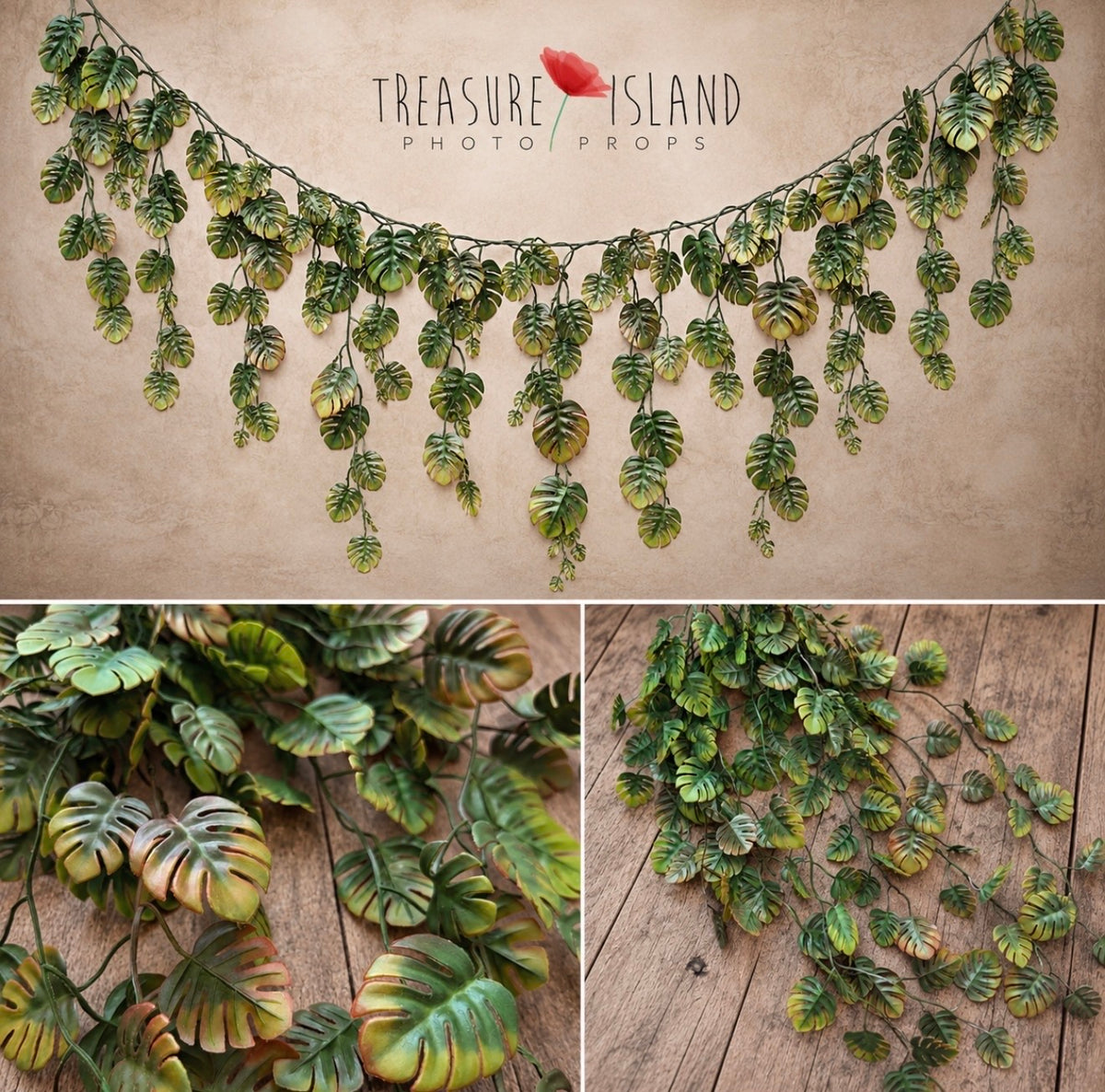 monstera leaf garland with cascading tropical greenery for Safari and newborn photography setups