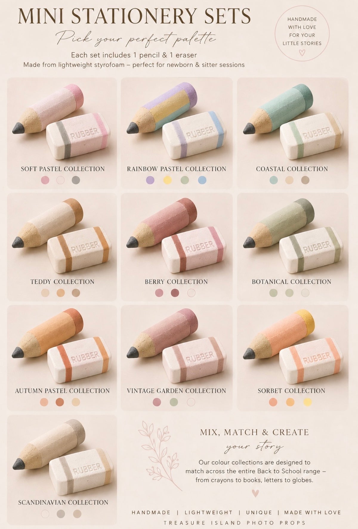 Colour chart showing ten handmade mini Styrofoam pencil and eraser sets in pastel, earthy and neutral palettes, including Soft Pastel, Coastal, Botanical and Scandinavian combinations