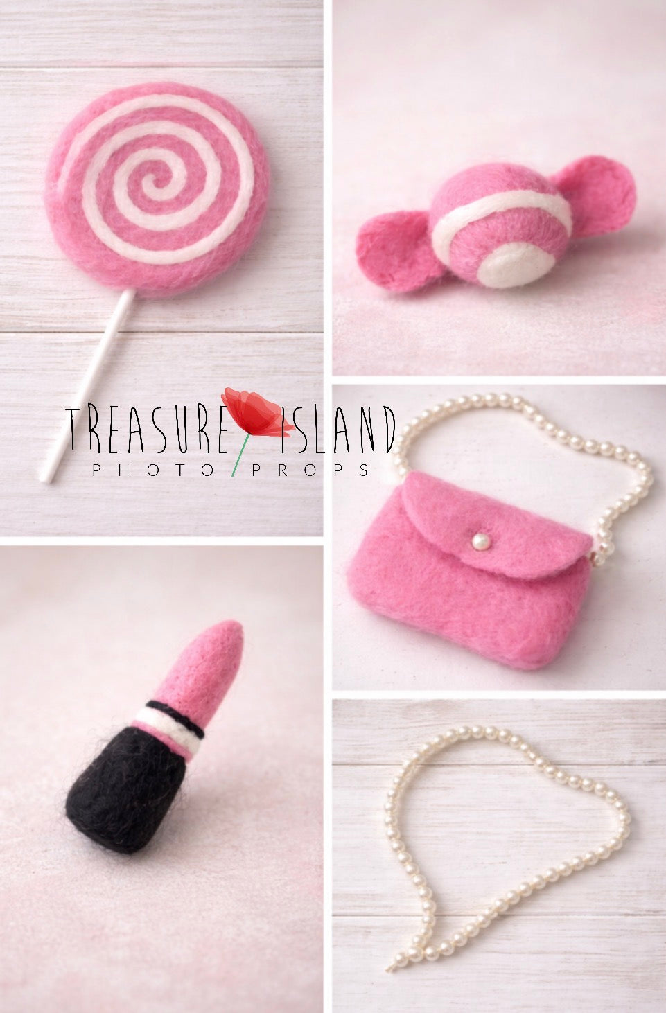 Miniature handmade pink doll photography props featuring felt lollipop, candy, lipstick and pearl handbag