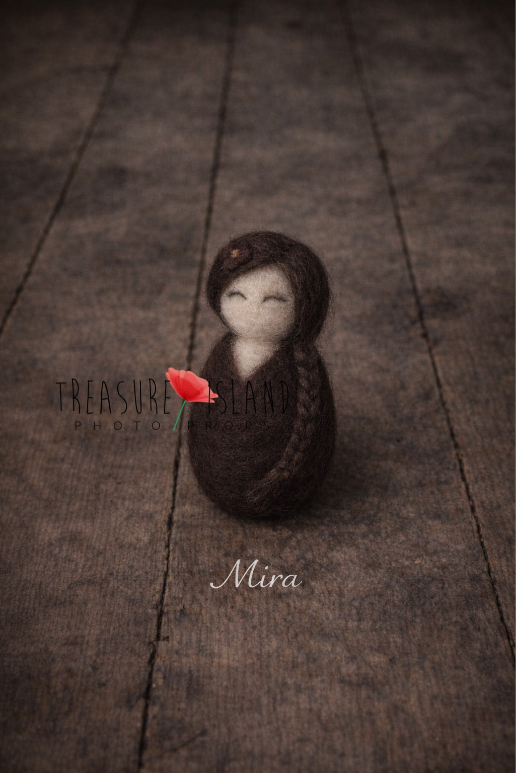 Mira dark chocolate hand-felted mini doll with braided hair for newborn photography