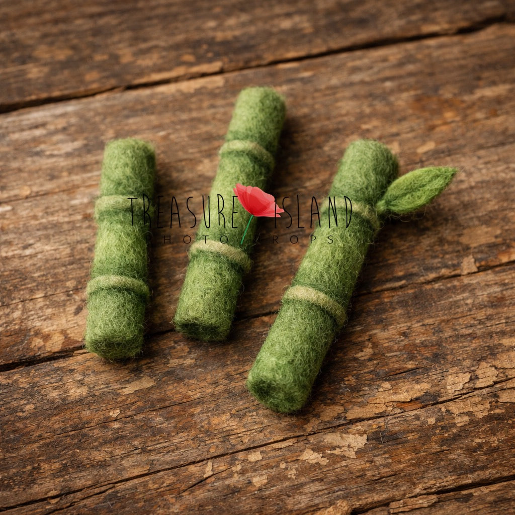Natural green hand-felted bamboo shoots with leaf detail for Panda photography