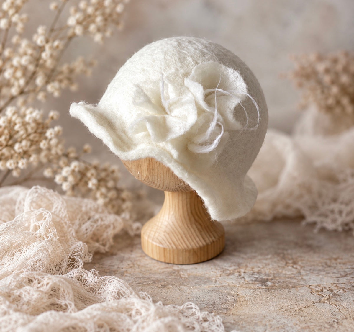 Natural White handmade wool felted flower hat for newborn and sitter photography