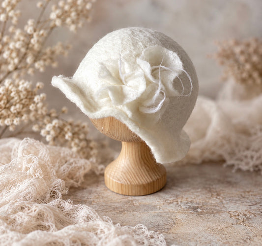 Natural White handmade wool felted flower hat for newborn and sitter photography