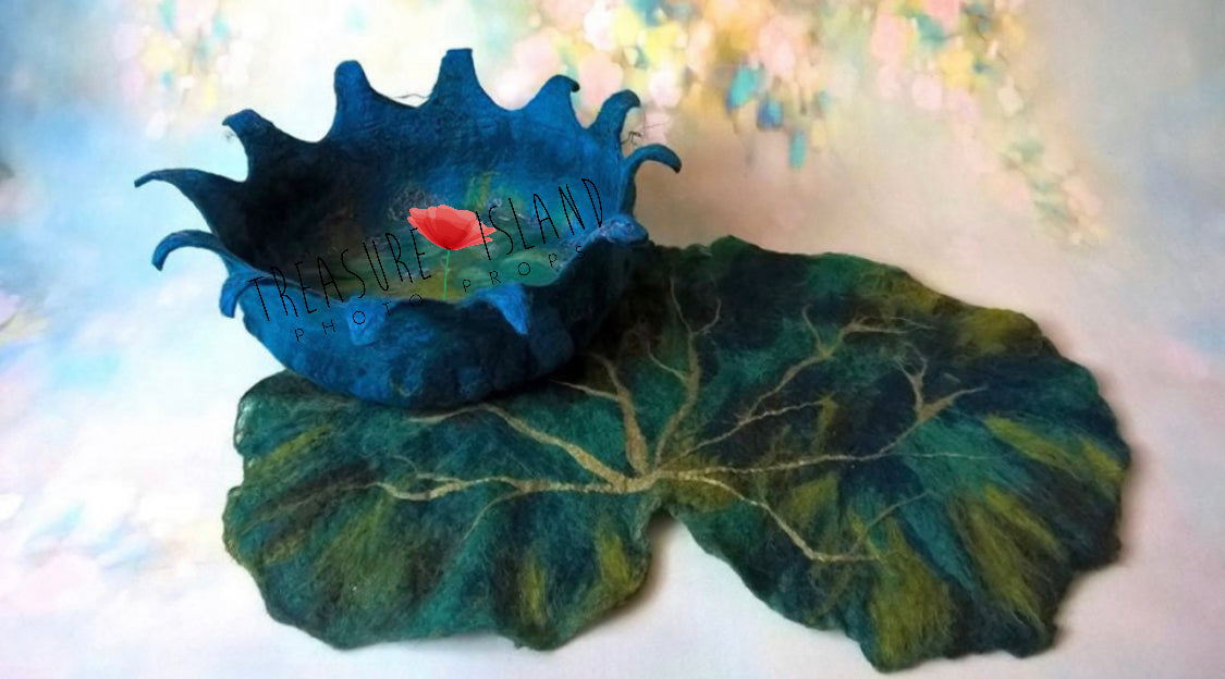 Noctulina dark blue hand-felted floral bowl with green leaf for fairy, woodland and fine art photography