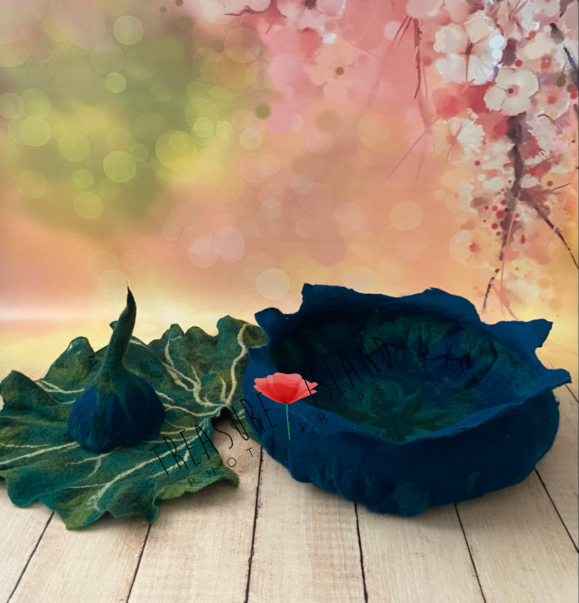 Noctulina felted midnight blue bowl with green botanical leaf and bonnet for fairy and woodland photography
