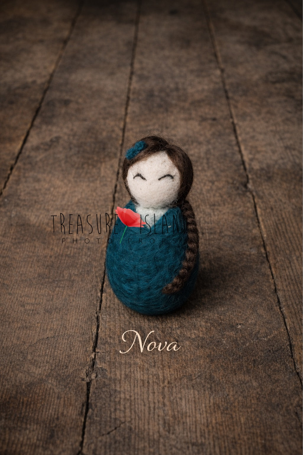 Nova petrol blue hand-felted mini doll with braided hair for newborn photography