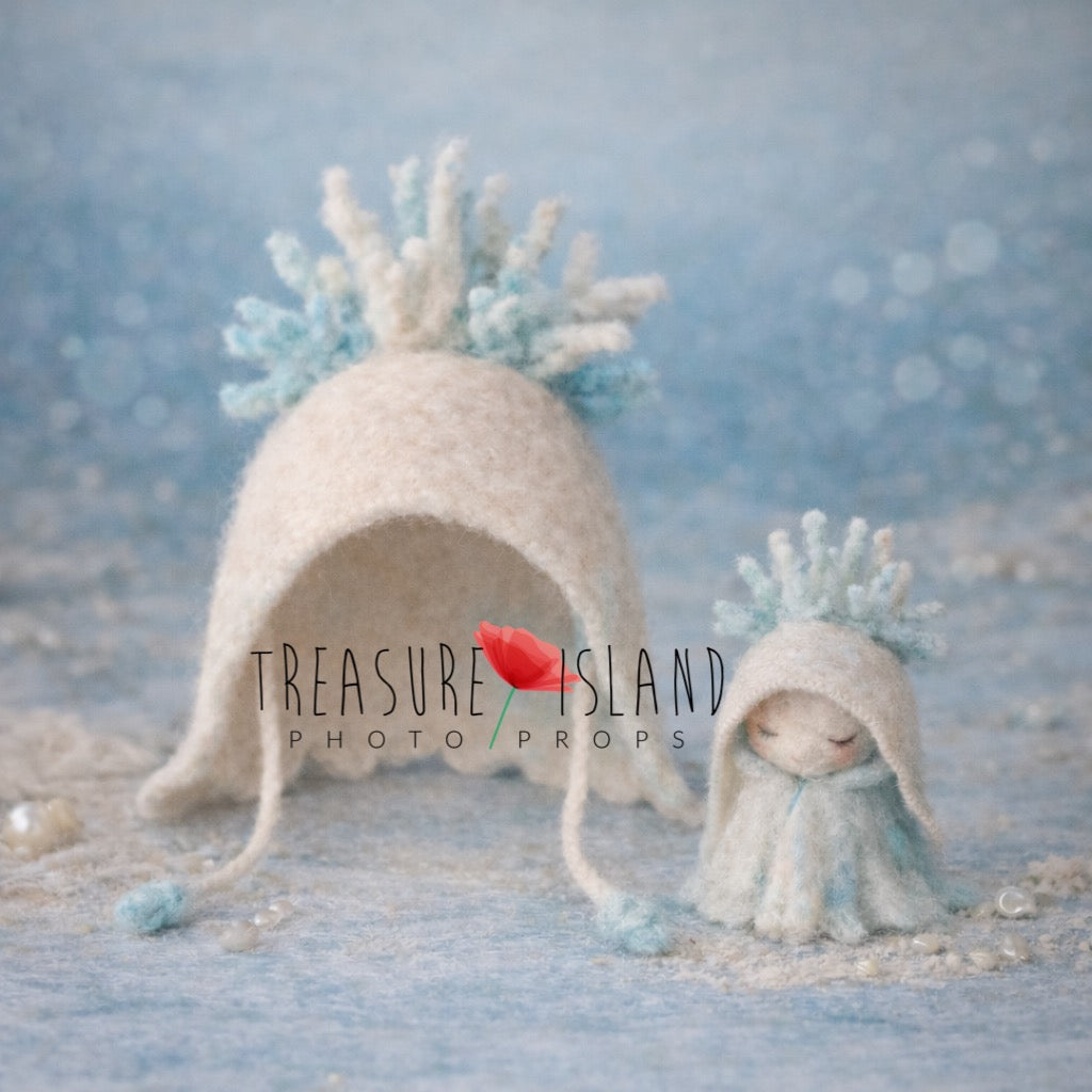 Coastal Whisper felted newborn bonnet and Mini Sea Spirit in cream and soft ocean blue