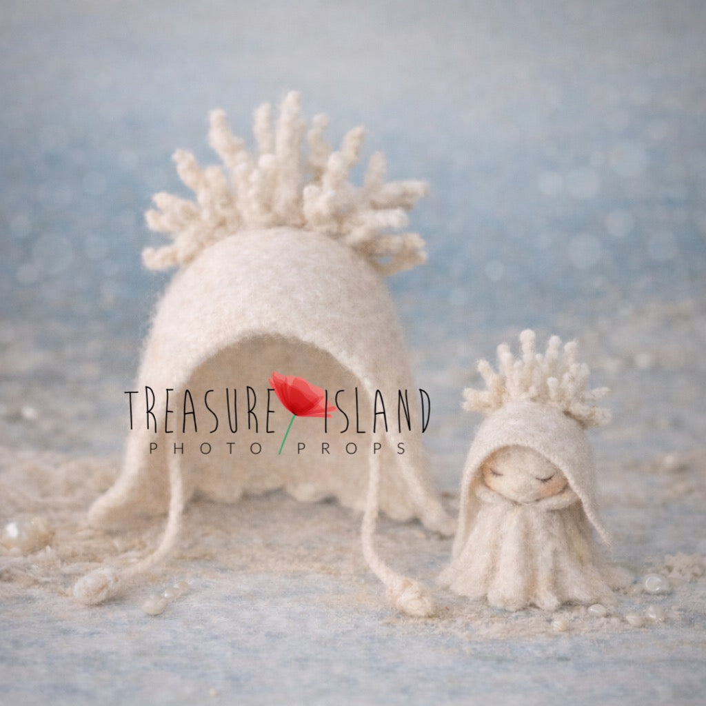 Ivory Silence hand felted newborn bonnet with matching Mini Sea Spirit for ocean photography