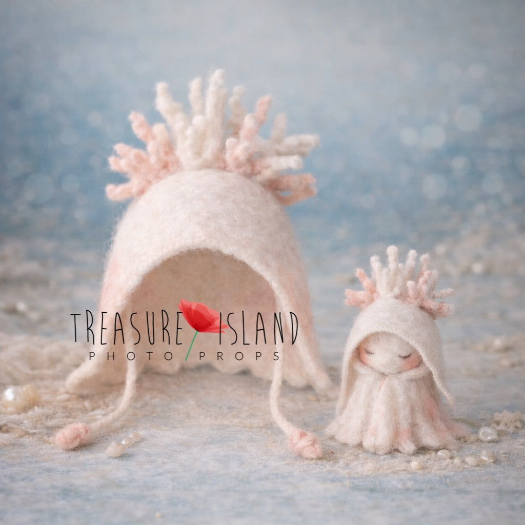 Hand felted Ocean Spirit newborn bonnet and Mini Sea Spirit in ivory and blush pink