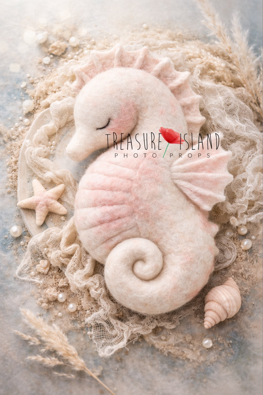 Hand felted Ocean Spirit seahorse pillow in Moon Tide Blush for fine art newborn photography