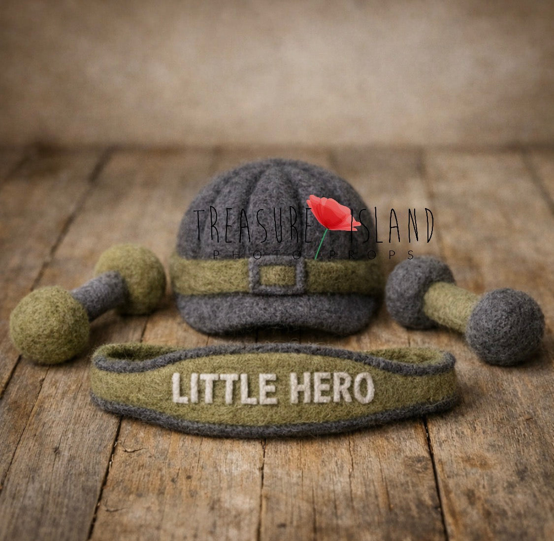Olive and grey hand-felted Strong Baby newborn photography set with cap, belt and weights