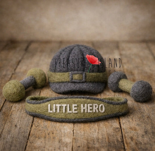 Olive and grey hand-felted Strong Baby newborn photography set with cap, belt and weights