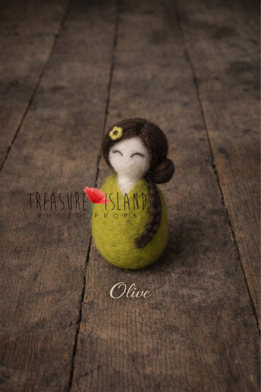 Olive pea green hand-felted mini doll with braided hair for newborn photography
