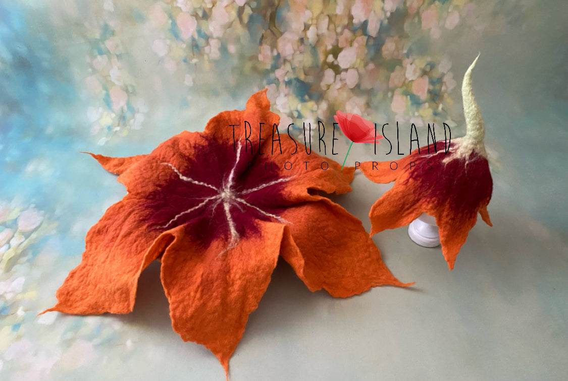 Handmade orange and burgundy felted lily bonnet and sculptural leaf prop set