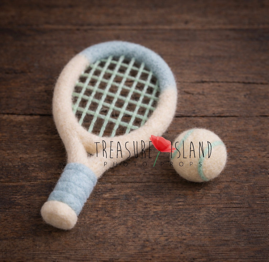 Pastel blue hand-felted tennis racket and ball newborn photography set