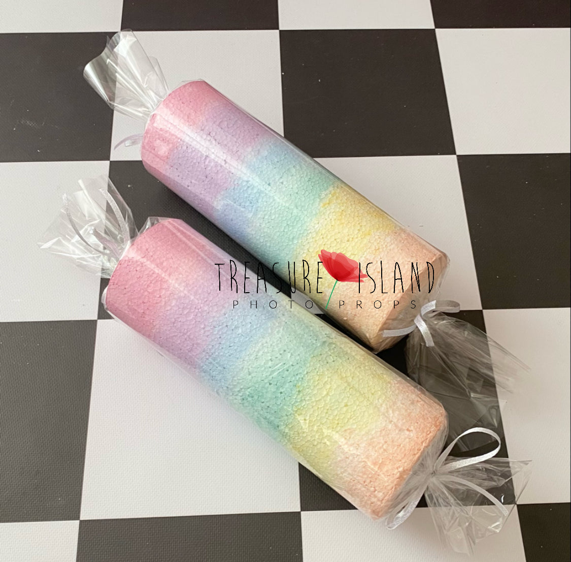 Hand-painted pastel rainbow candy drops made from styrofoam with clear candy-style wrapping