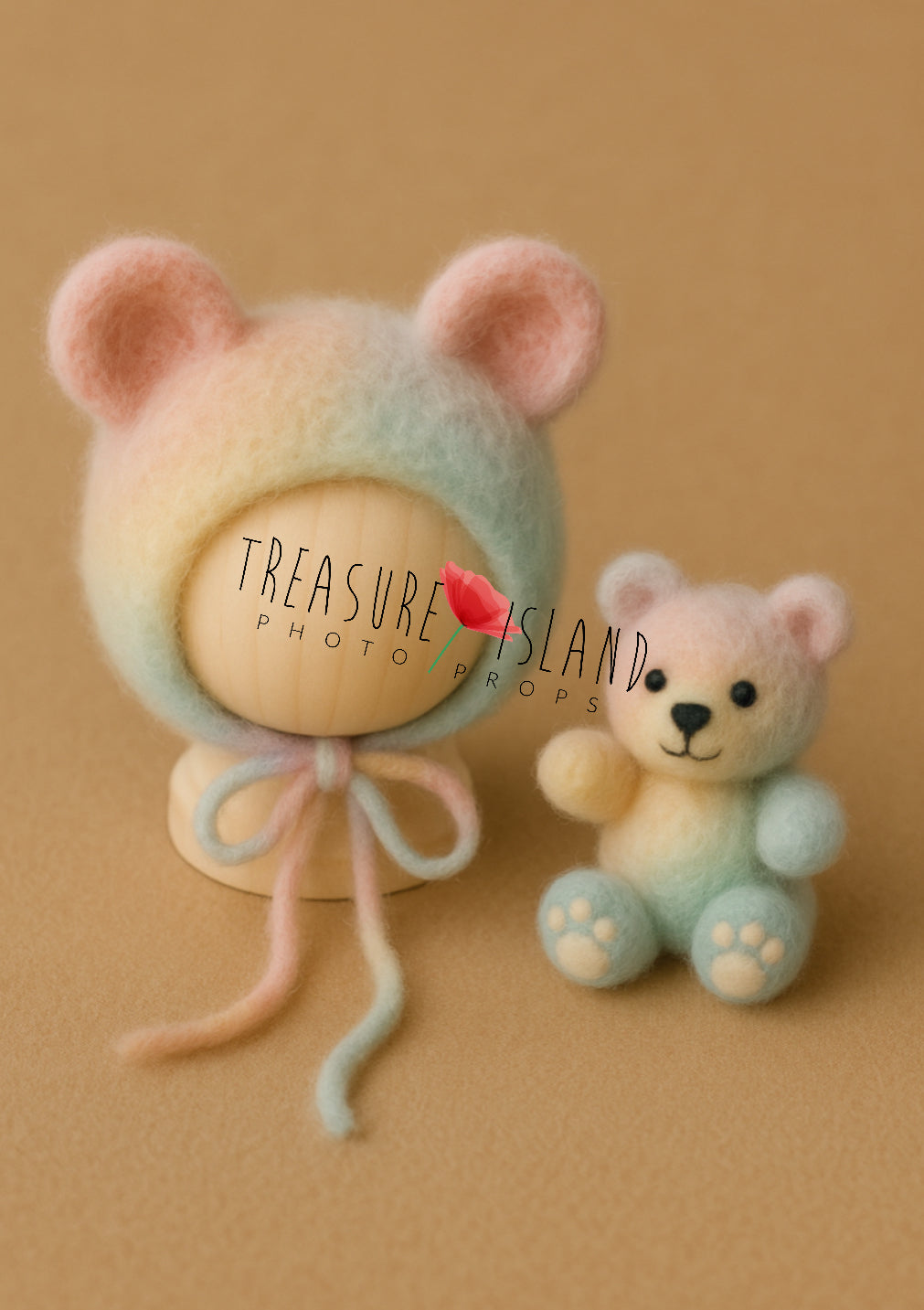 Hand-felted pastel rainbow merino wool bear bonnet and matching bear toy for newborn and sitter photography
